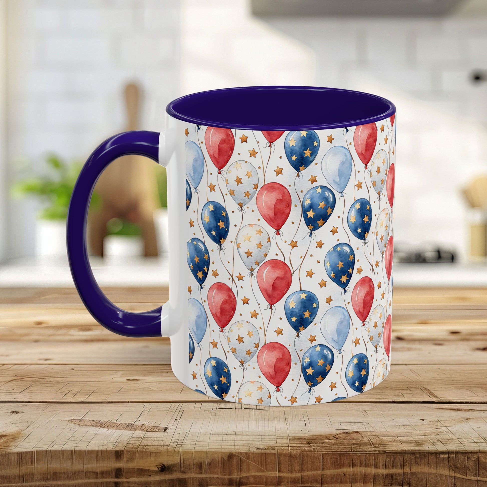 White ceramic mug with a purple handle and interior, featuring a watercolor red, white, and blue balloon print.