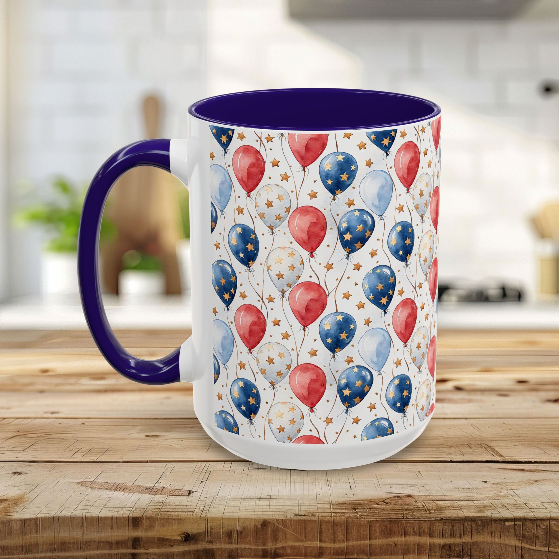 White ceramic mug with a purple handle and interior, featuring a watercolor red, white, and blue balloon pattern.
