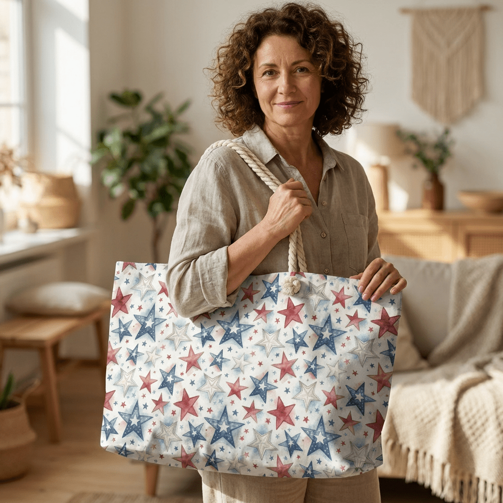 Woman holding a patriotic red, white, and blue star-patterned spun polyester weekender bag with cream rope handles.