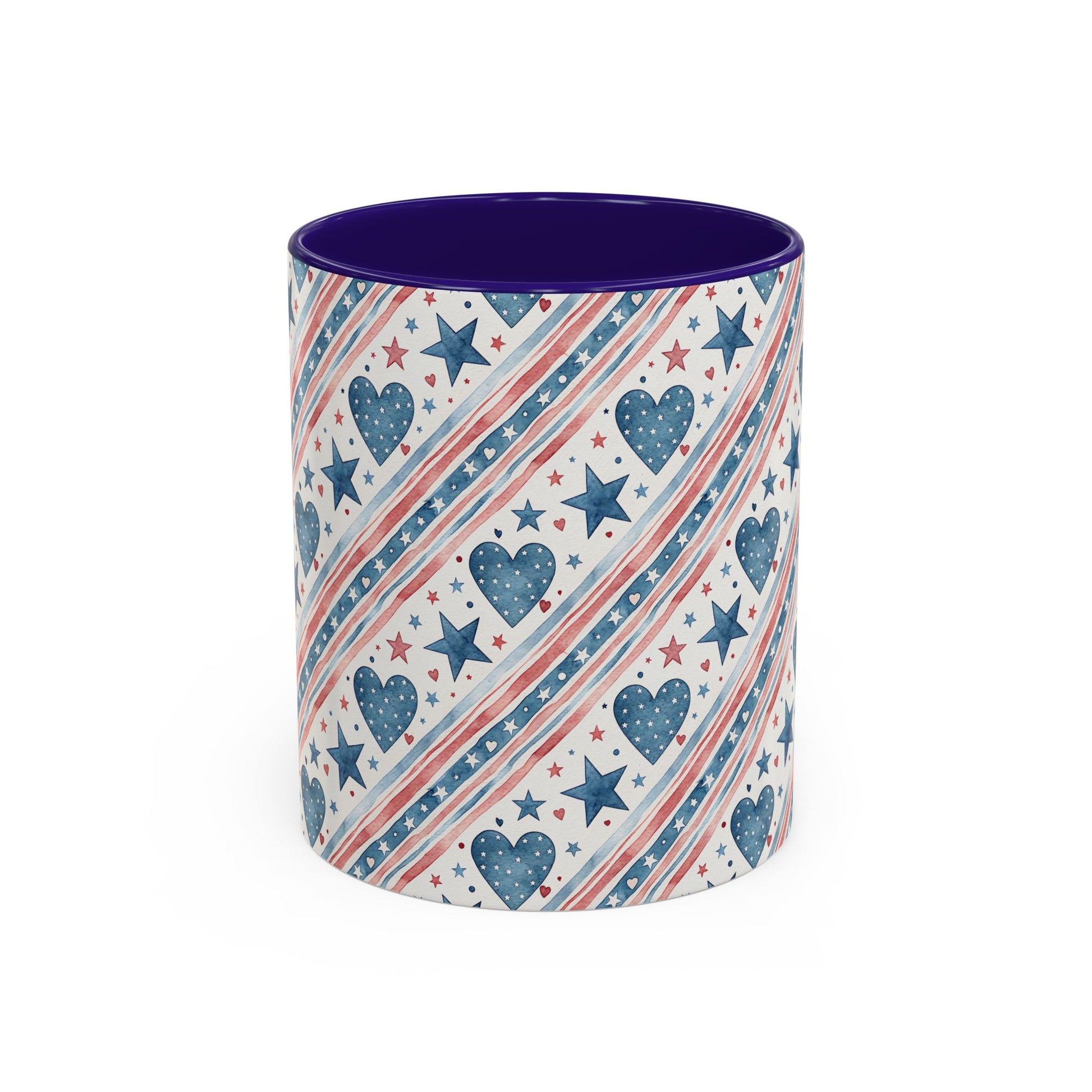 Ceramic mug with patriotic red, white, and blue diagonal stripes, hearts, and stars pattern, dark blue interior.