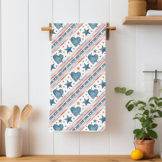 Patriotic Stars & Hearts Microfiber Tea Towel