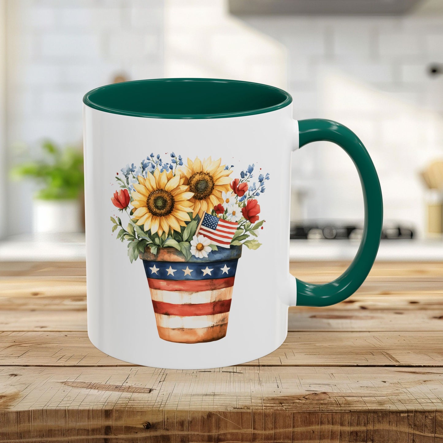 White 11oz ceramic mug with green handle and interior, featuring a patriotic sunflower bouquet in an Americana-striped pot.