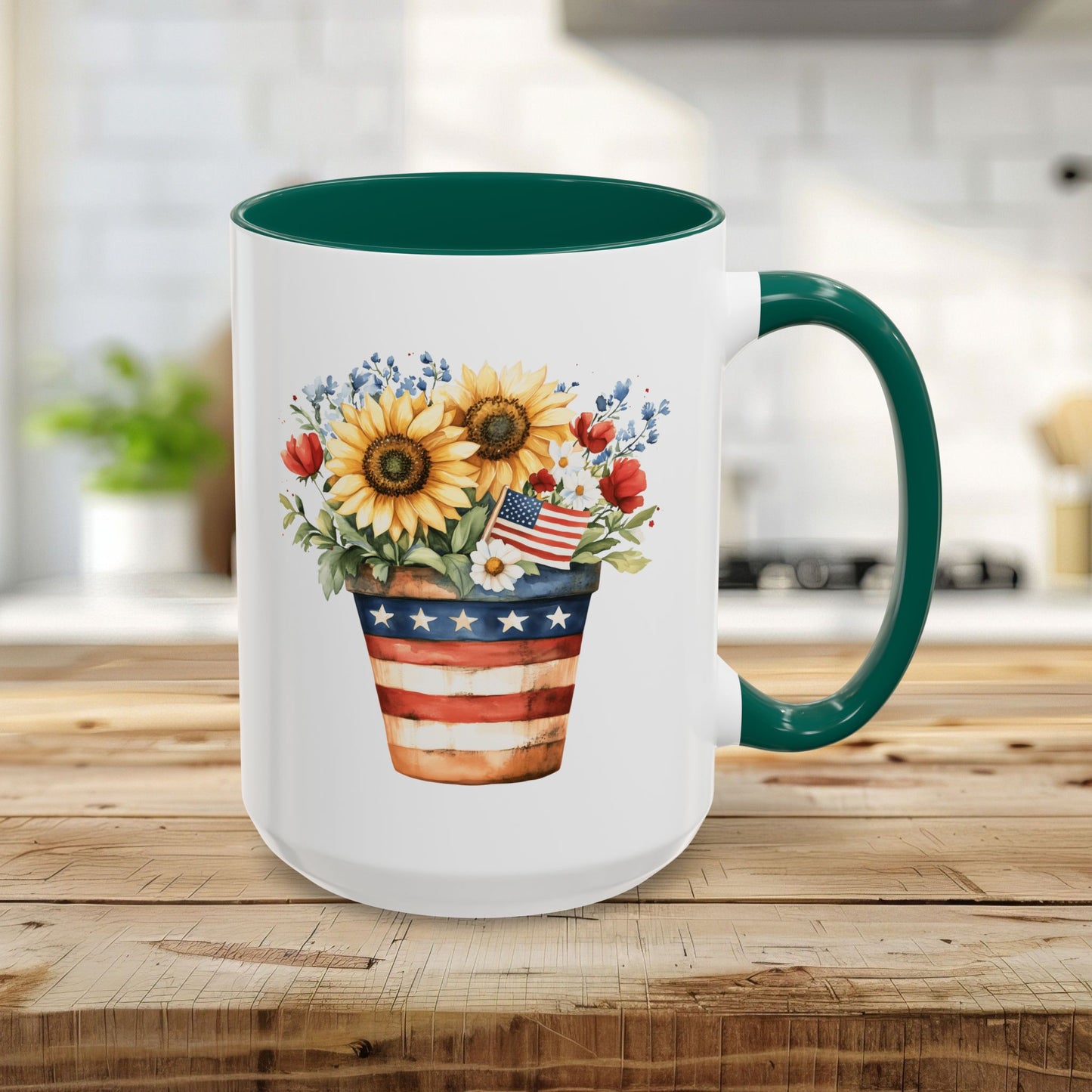 15oz ceramic mug with green interior/handle, featuring a patriotic sunflower bouquet in an Americana-striped pot.