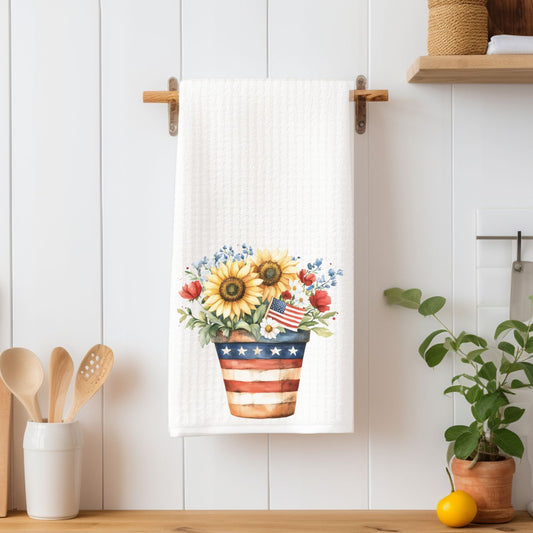 White microfiber tea towel with watercolor patriotic sunflower bouquet in a striped pot.