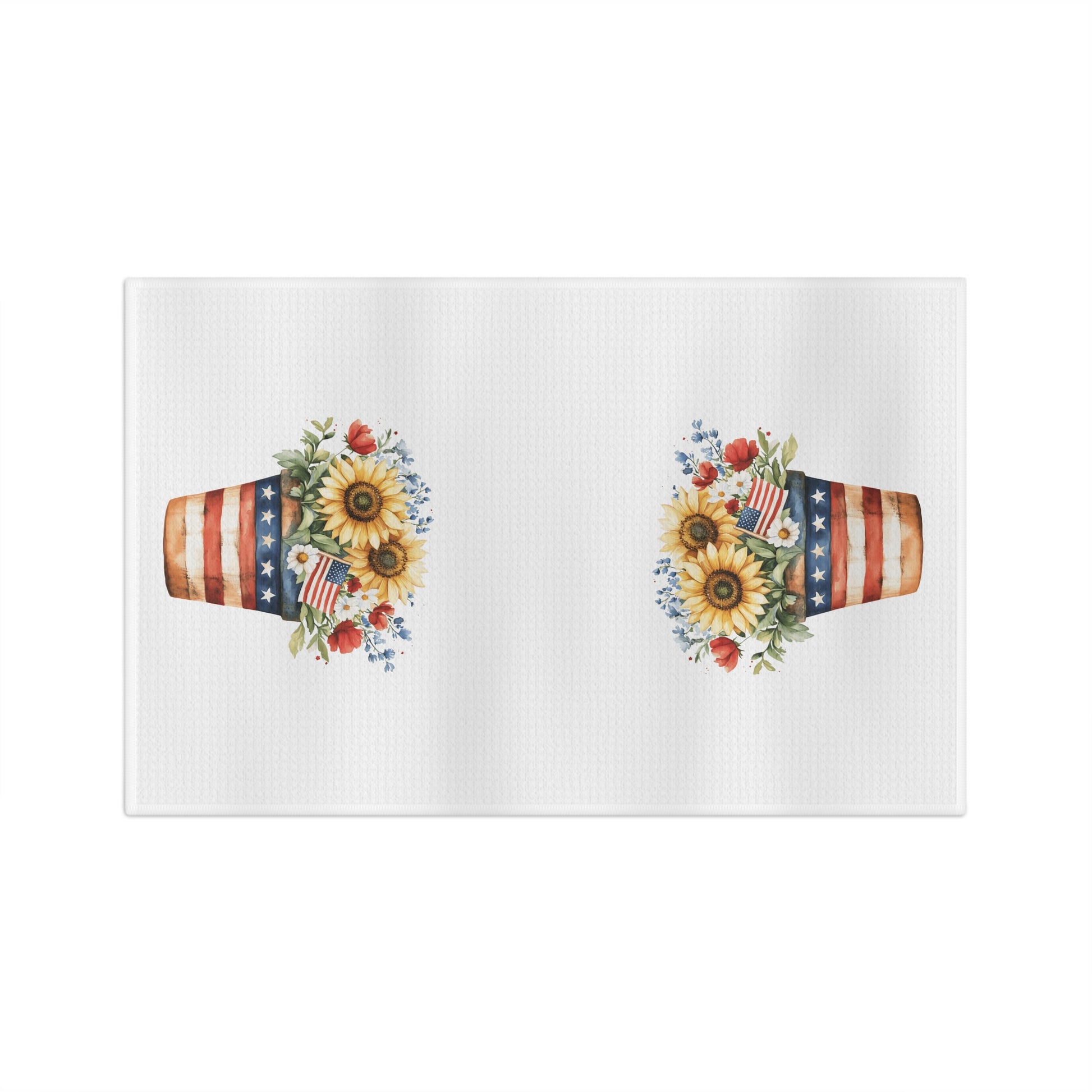 White microfiber tea towel with two watercolor sunflower and American flag bouquets in striped pots.