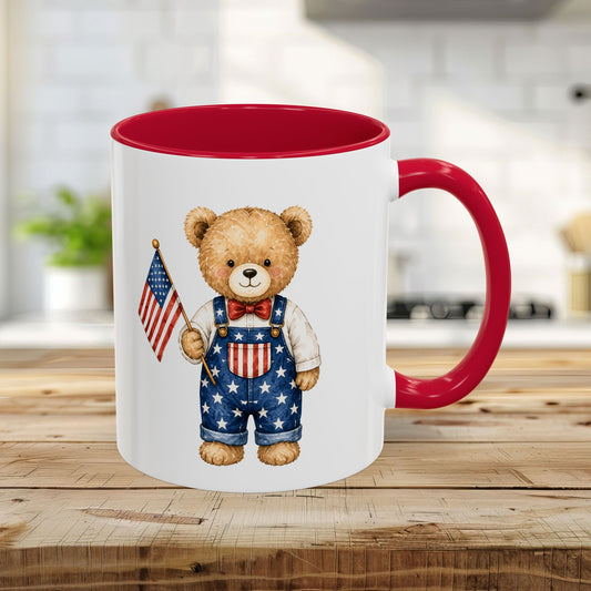 Patriotic Teddy Bear Boy with Flag Mug (11/15oz)