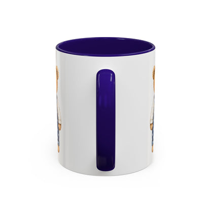 White ceramic mug with a navy blue interior and C-shaped handle, featuring a patriotic teddy bear design.
