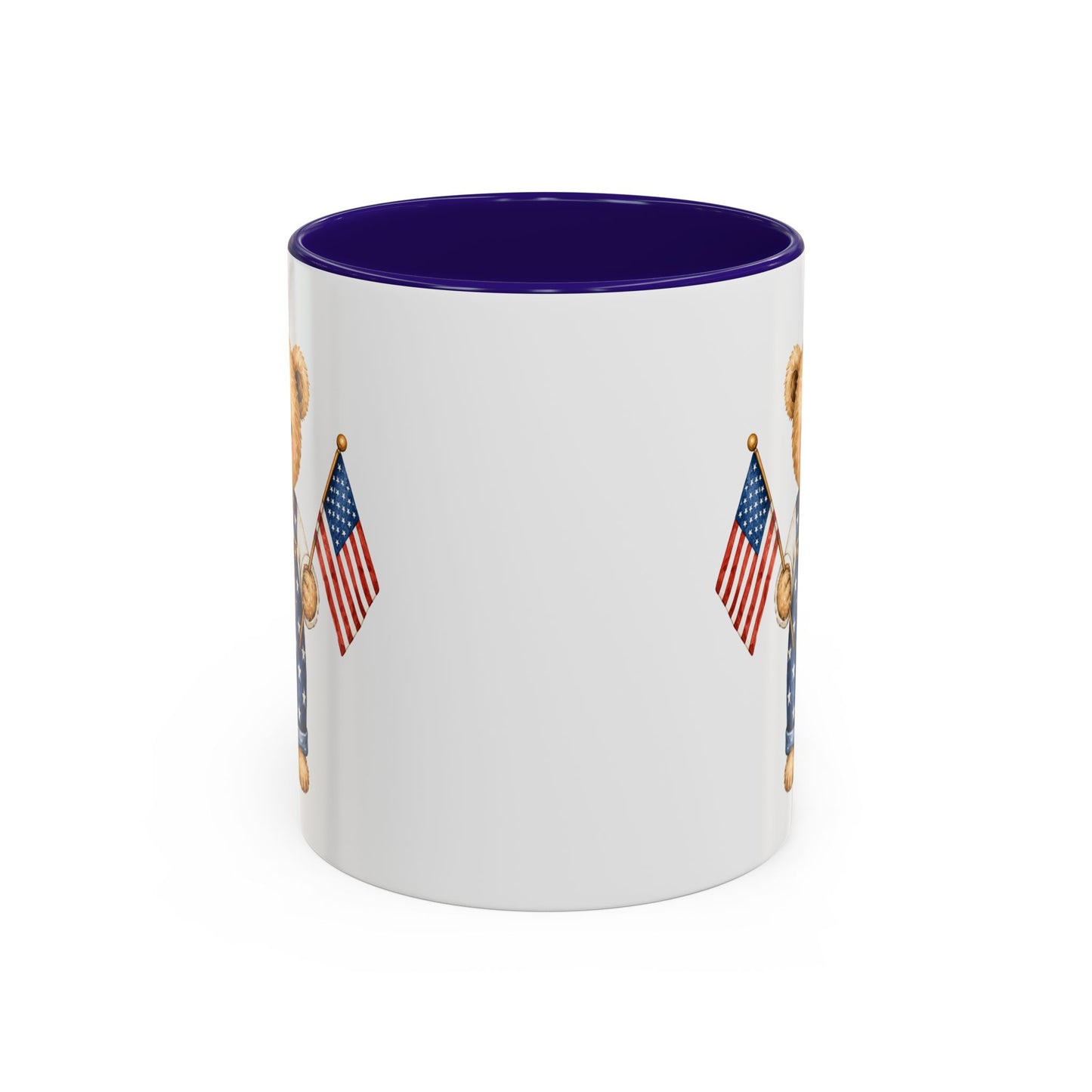 White ceramic mug with a purple interior, featuring a watercolor teddy bear in star-spangled overalls holding an American flag.