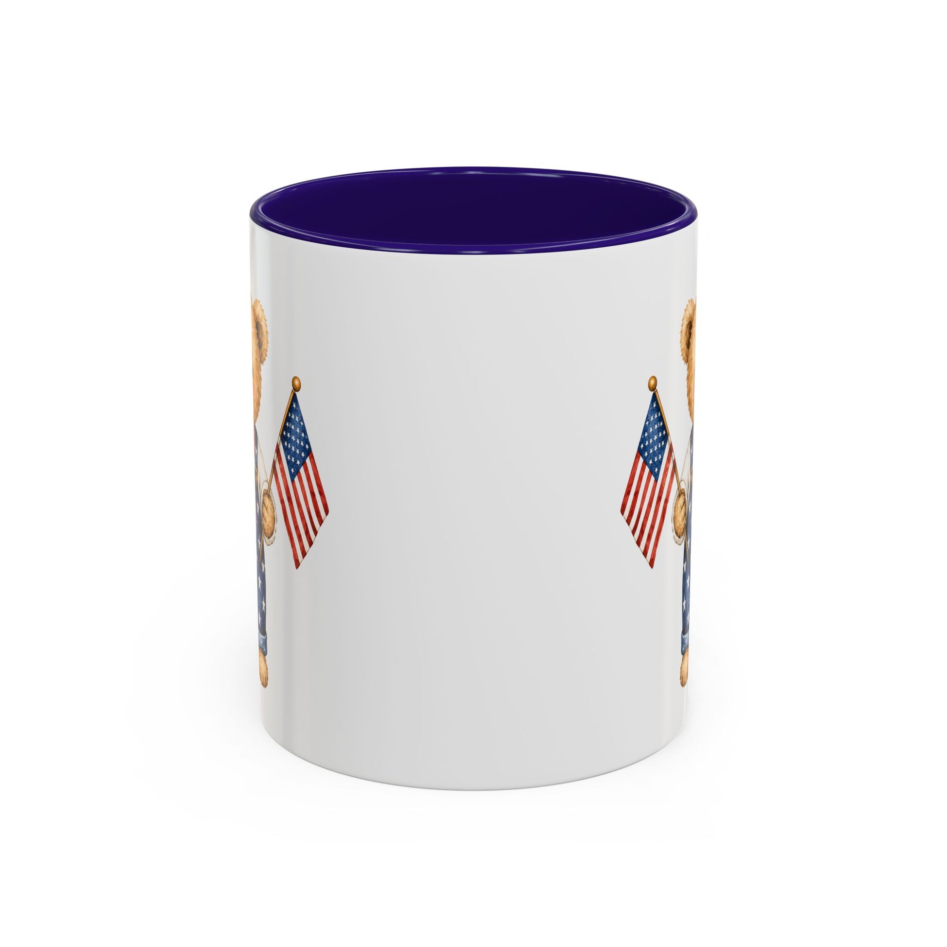 White ceramic mug with a purple interior, featuring a watercolor teddy bear in star-spangled overalls holding an American flag.