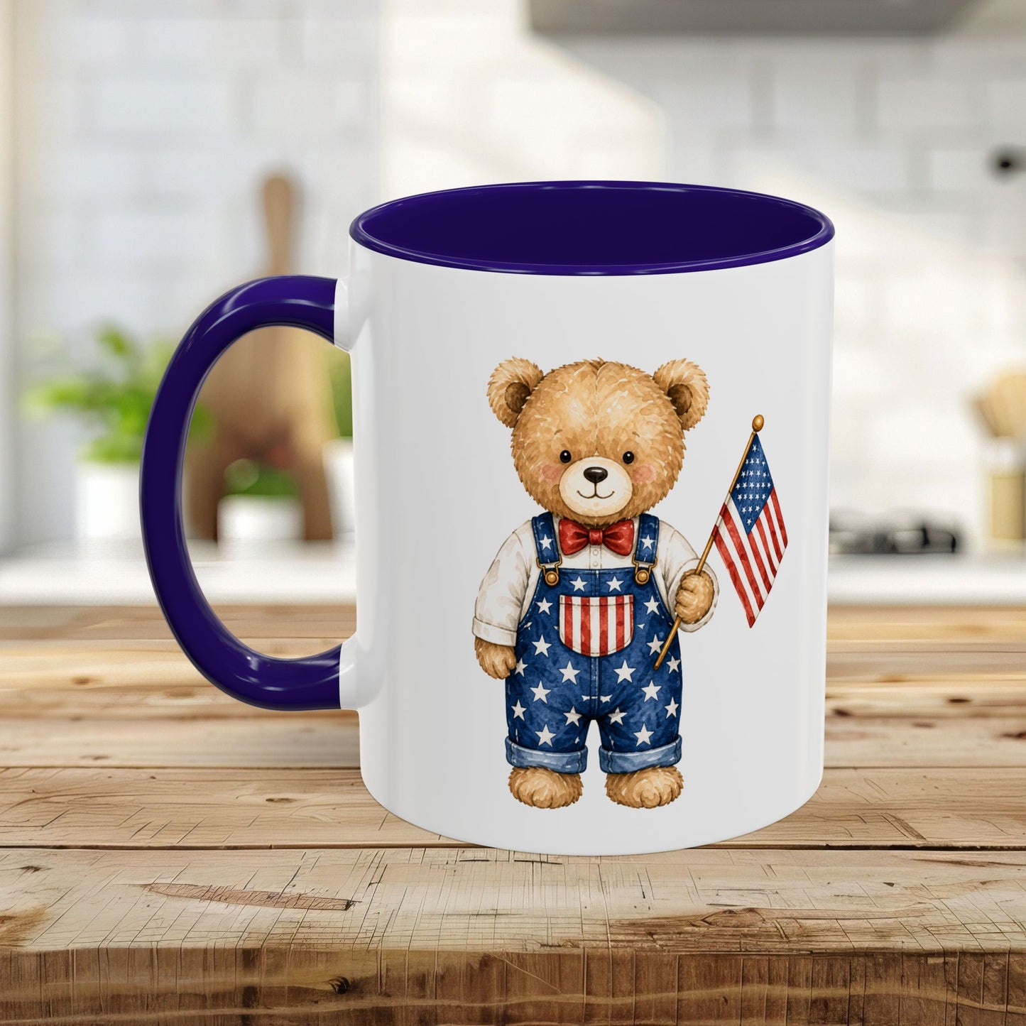 White ceramic mug with purple handle and interior, featuring a watercolor teddy bear in star-spangled overalls holding a US flag.