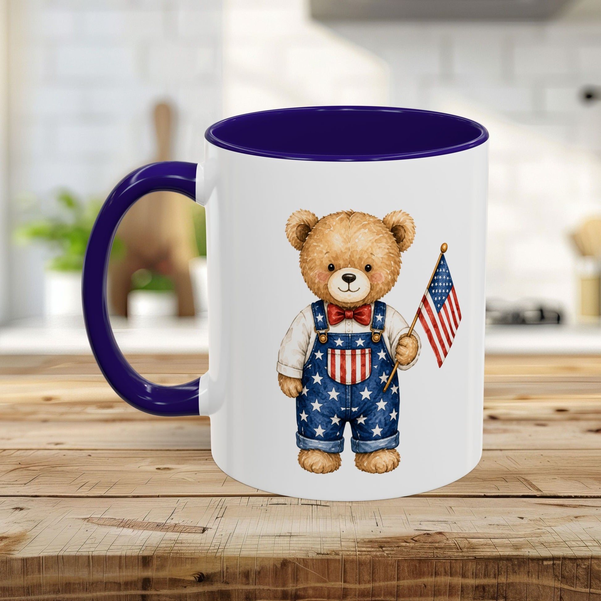 White ceramic mug with purple handle and interior, featuring a watercolor teddy bear in star-spangled overalls holding a US flag.