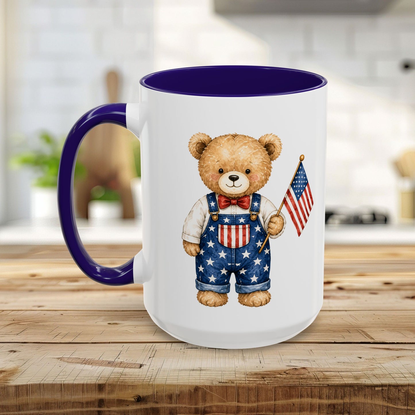 White ceramic mug with purple interior and handle, featuring a watercolor teddy bear in star-spangled overalls holding a US flag.