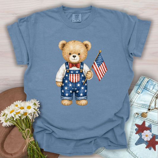 Patriotic Teddy Bear Boy with Flag T-Shirt