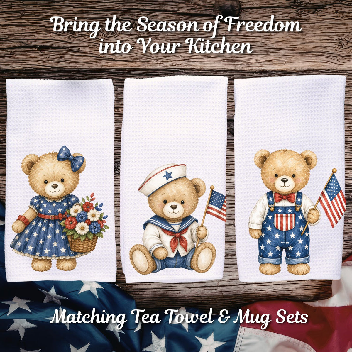 Three white microfiber tea towels with patriotic teddy bear designs: a girl bear, a sailor bear, and a boy bear.