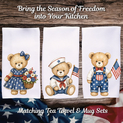 Three white microfiber tea towels with patriotic teddy bear designs: a girl bear, a sailor bear, and a boy bear.