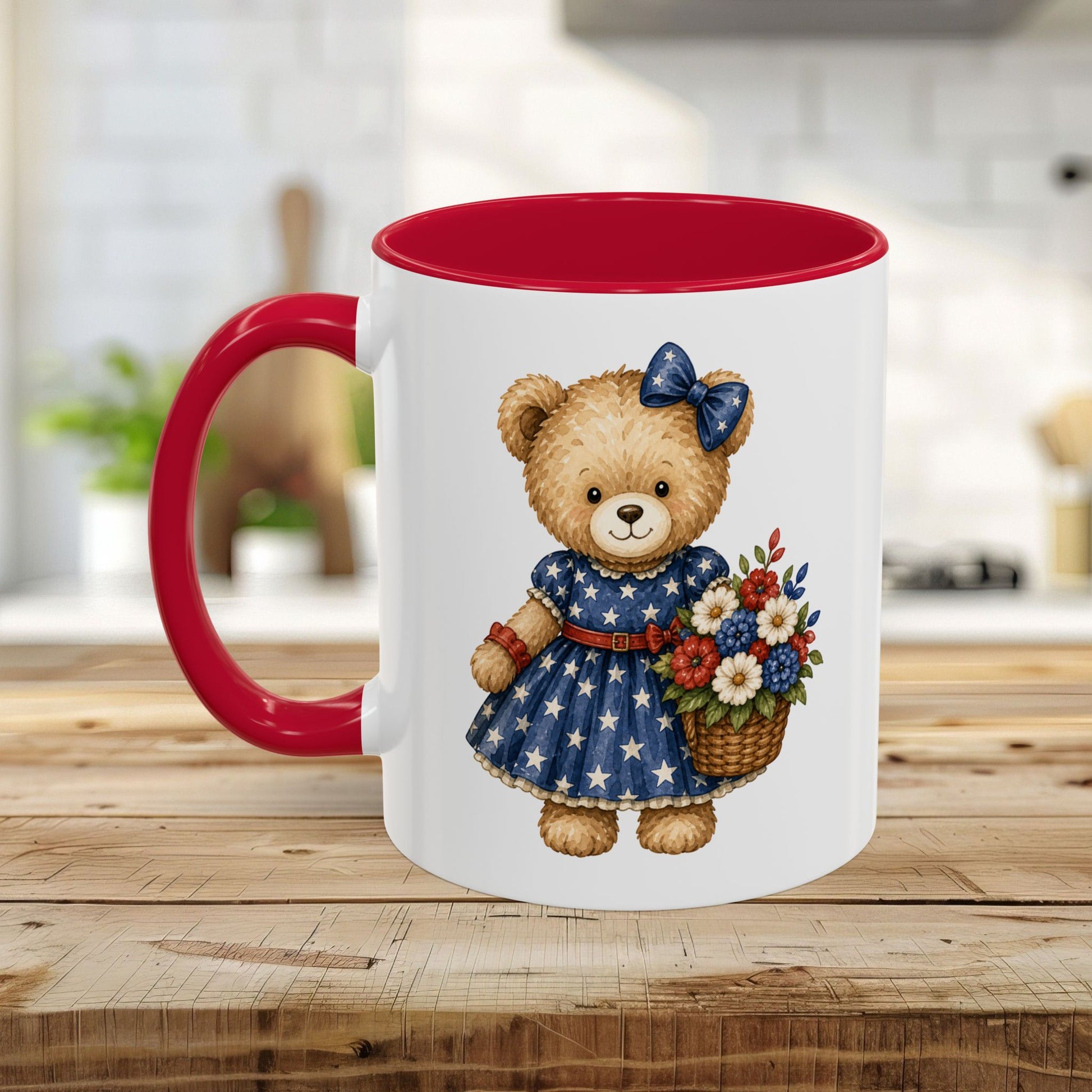 White ceramic mug with red interior and handle, featuring a patriotic teddy bear girl in a blue dress holding a floral basket.