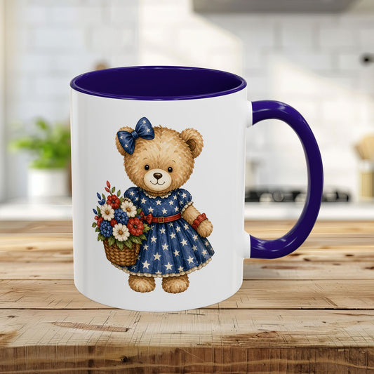 Patriotic Teddy Bear Girl with Floral Basket Mug (11/15oz)