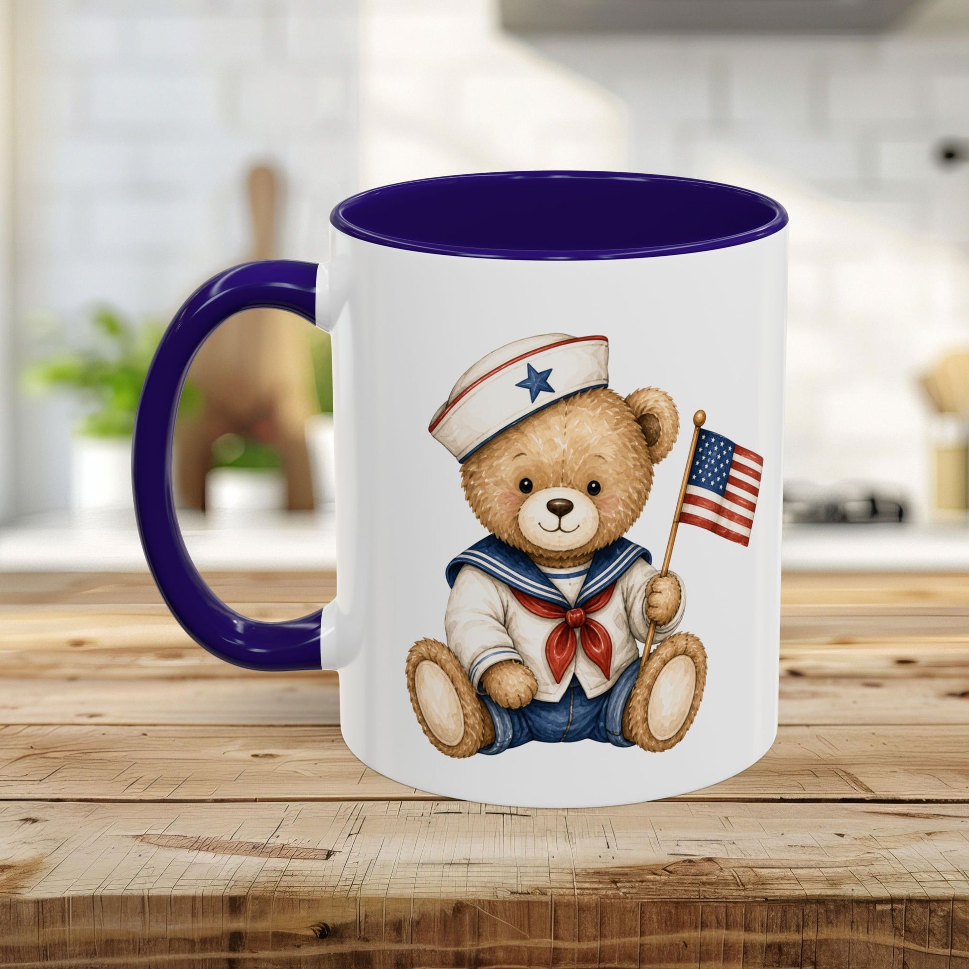 White ceramic mug with purple handle and interior, featuring a watercolor sailor teddy bear holding an American flag.