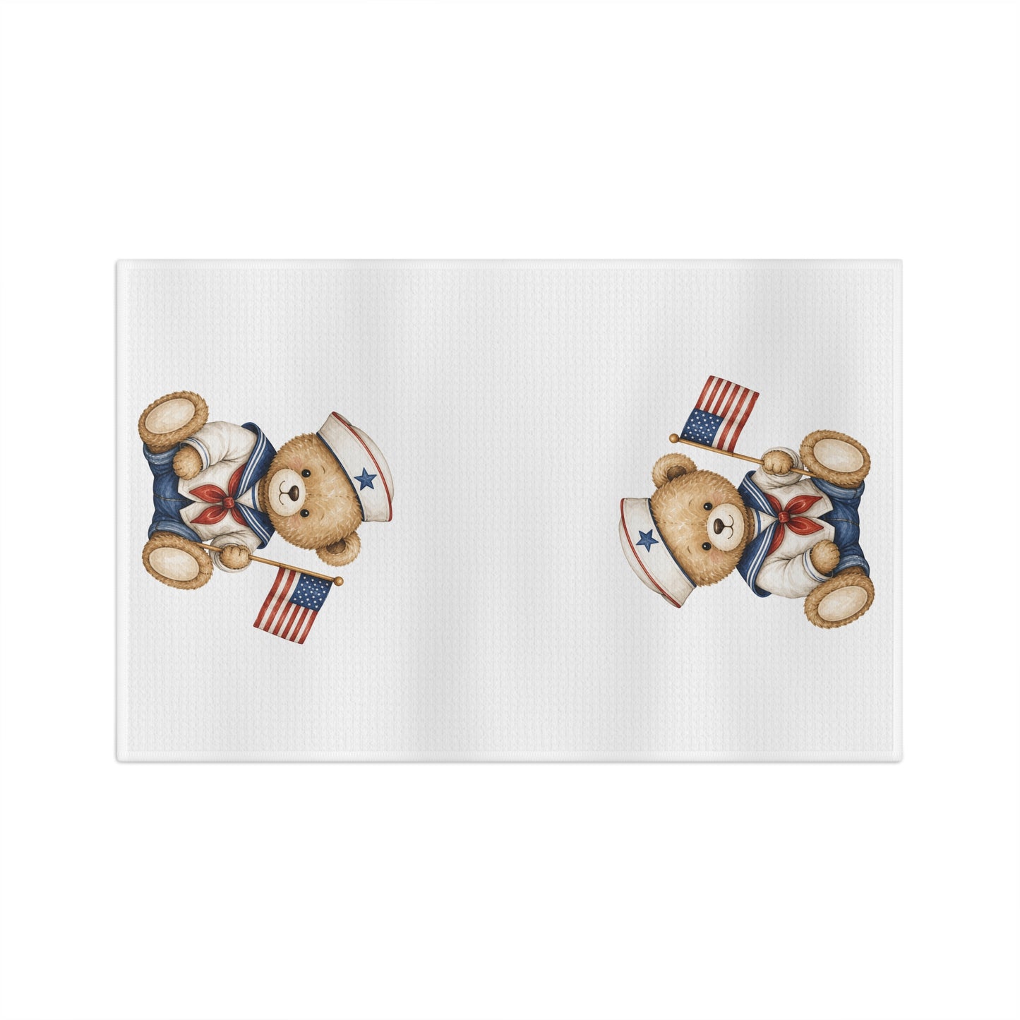 White microfiber tea towel with two patriotic teddy bear sailors holding American flags.