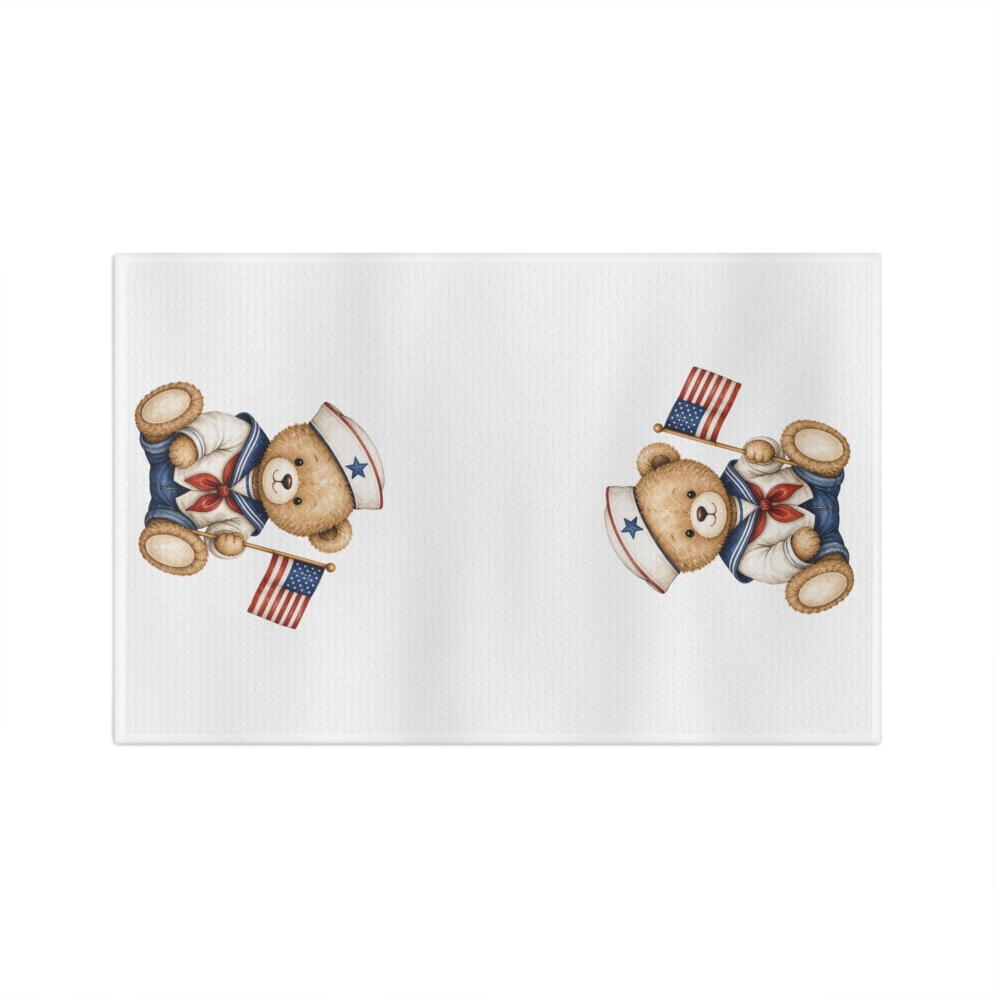 White microfiber tea towel with two patriotic teddy bear sailors holding American flags.