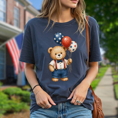 Navy garment-dyed cotton tee with a vintage teddy bear holding red, white, and blue star balloons.