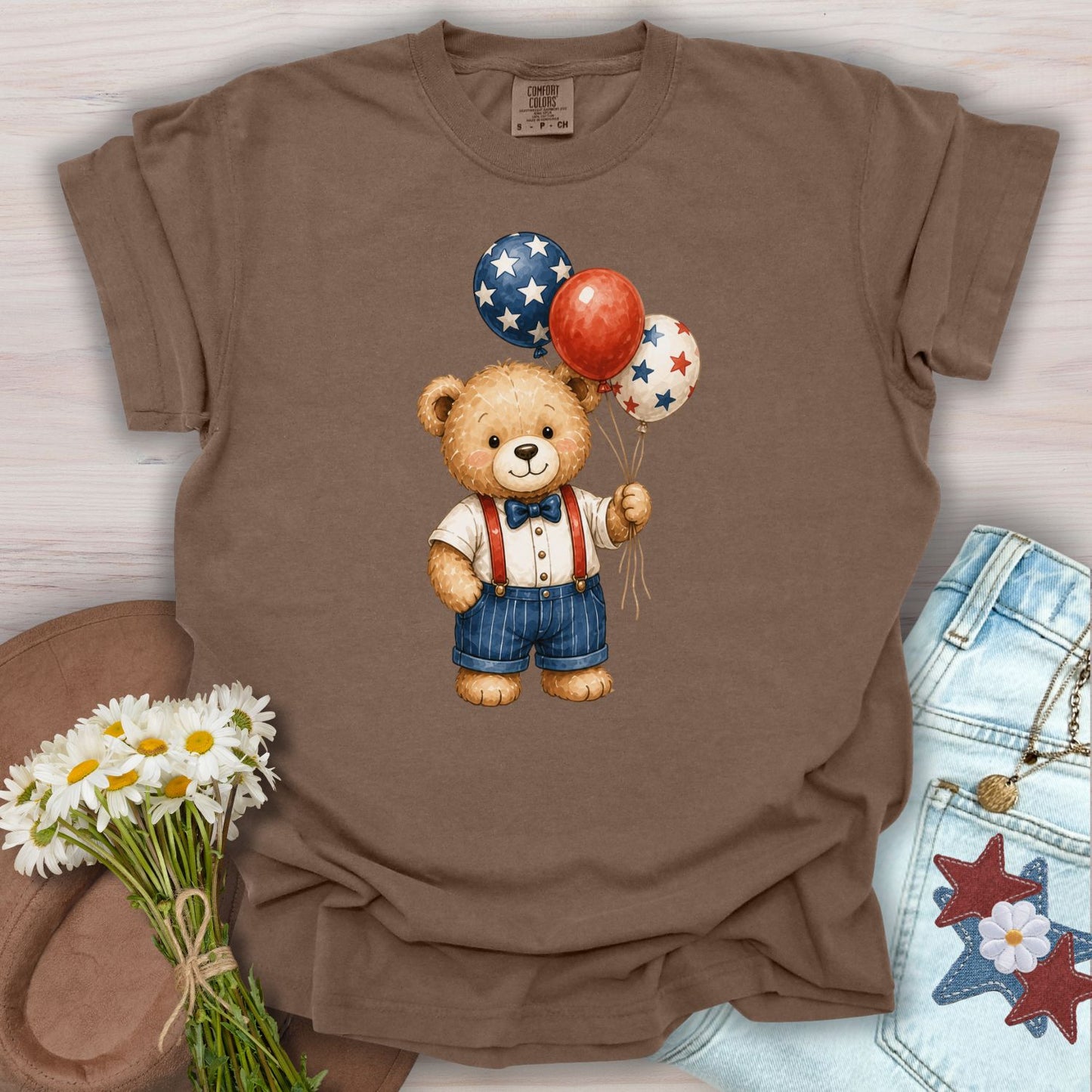 Espresso S t-shirt with a vintage teddy bear holding red, white, and blue star balloons.