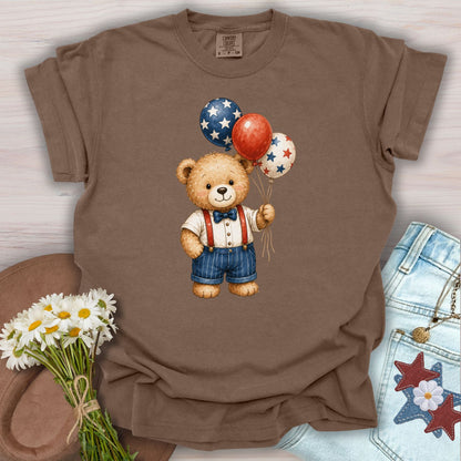 Espresso S t-shirt with a vintage teddy bear holding red, white, and blue star balloons.
