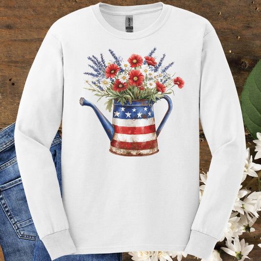 Patriotic Watering Can with Mixed Flowers Long Sleeve Tee