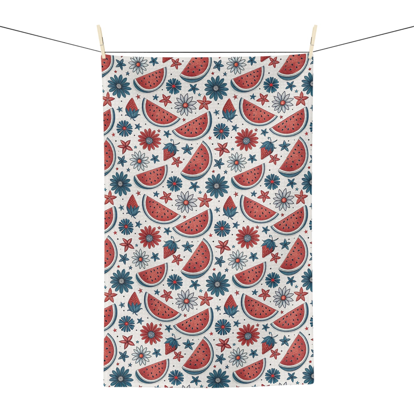 Microfiber tea towel with watercolor watermelon slices, red flowers, and blue floral motifs on a white background.