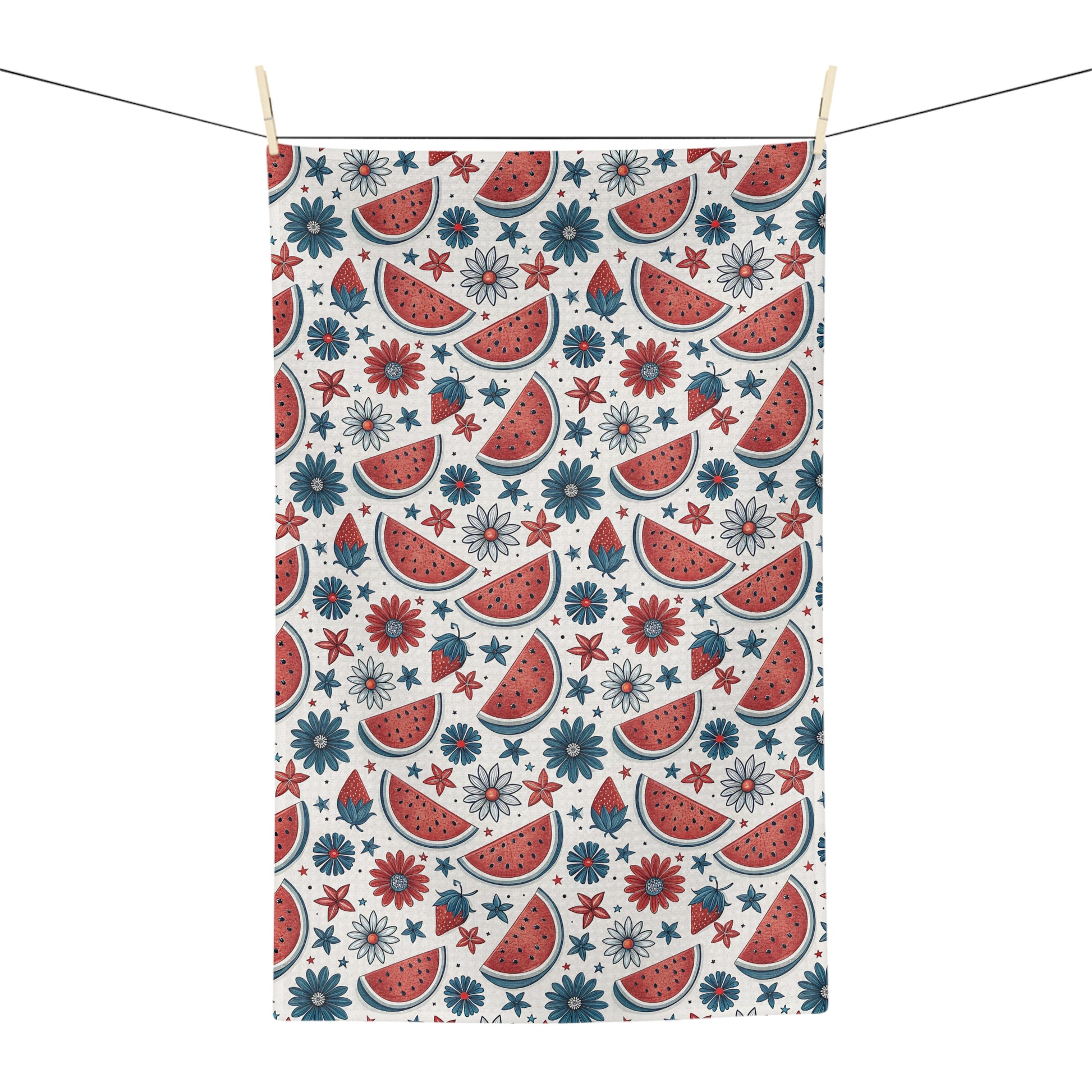 Microfiber tea towel with watercolor watermelon slices, red flowers, and blue floral motifs on a white background.