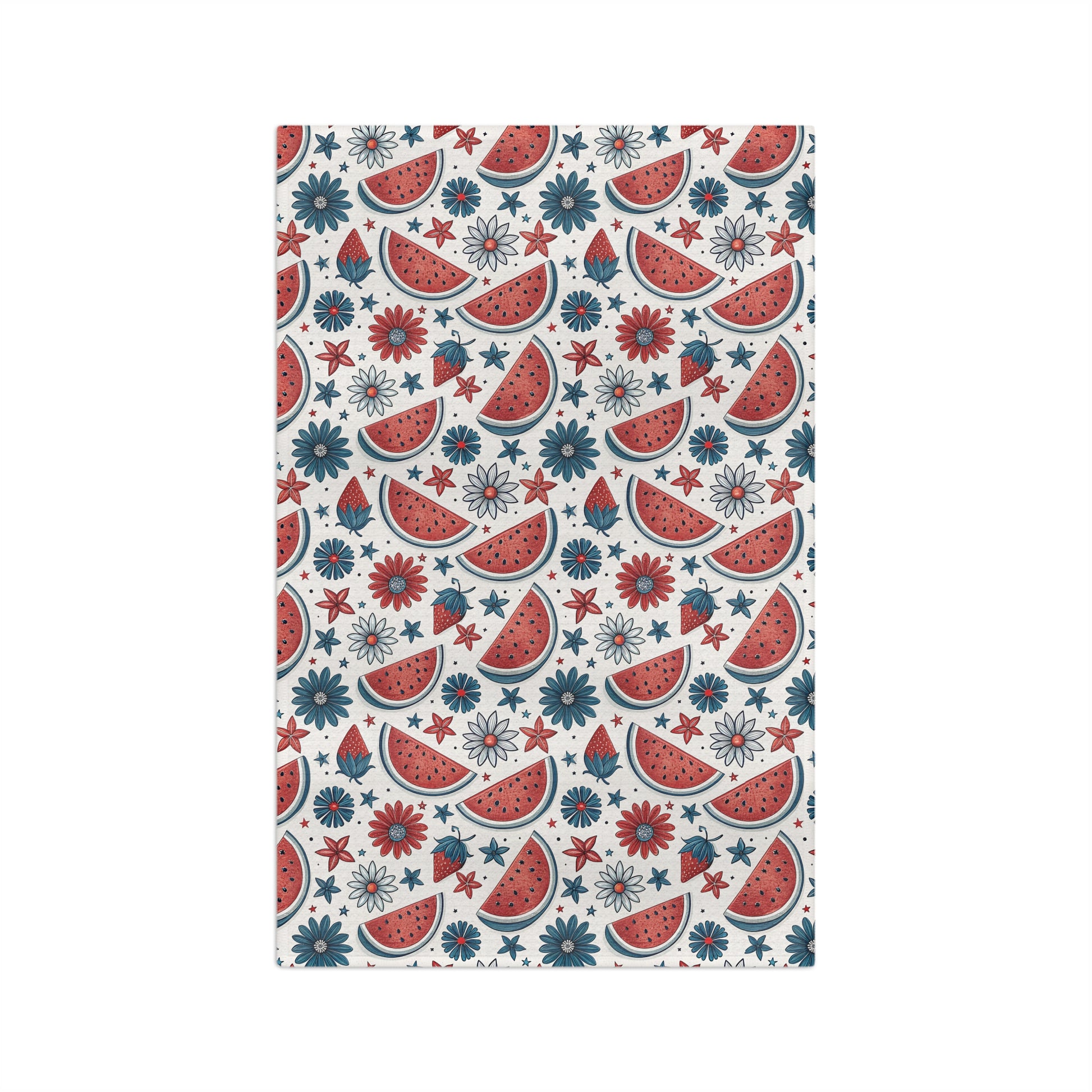 Patriotic microfiber tea towel with watercolor watermelon slices, red and teal floral motifs, and stars on white.