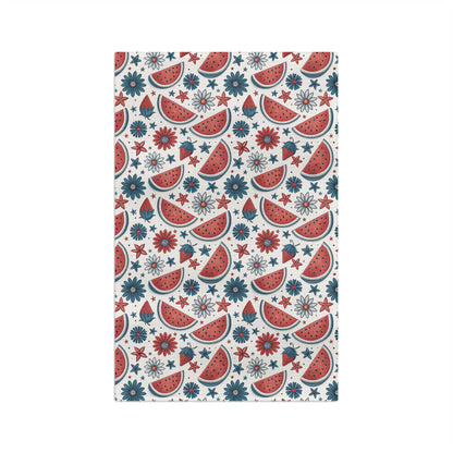Patriotic microfiber tea towel with watercolor watermelon slices, red and teal floral motifs, and stars on white.