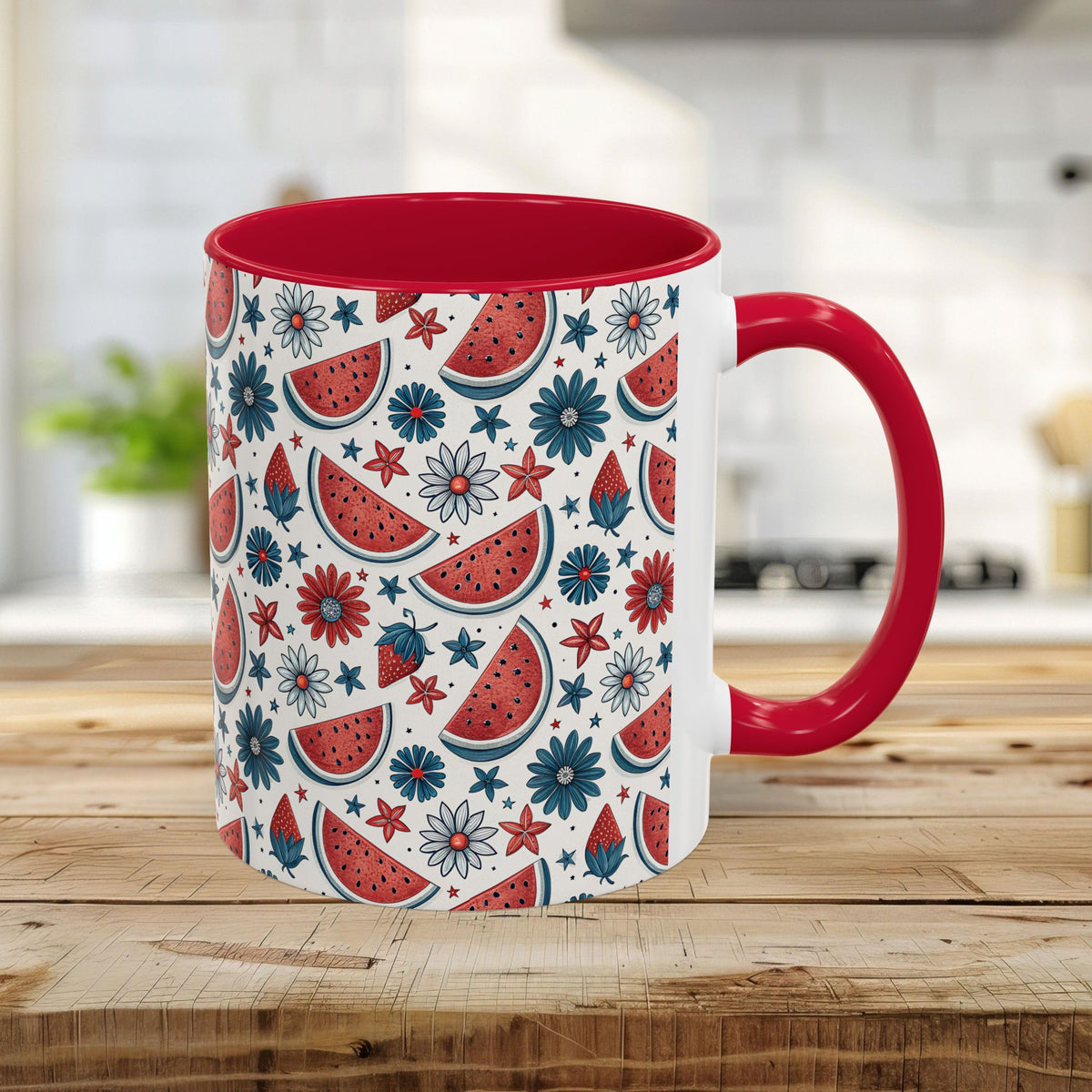 11oz ceramic mug with a red handle/interior and patriotic watermelon floral pattern.
