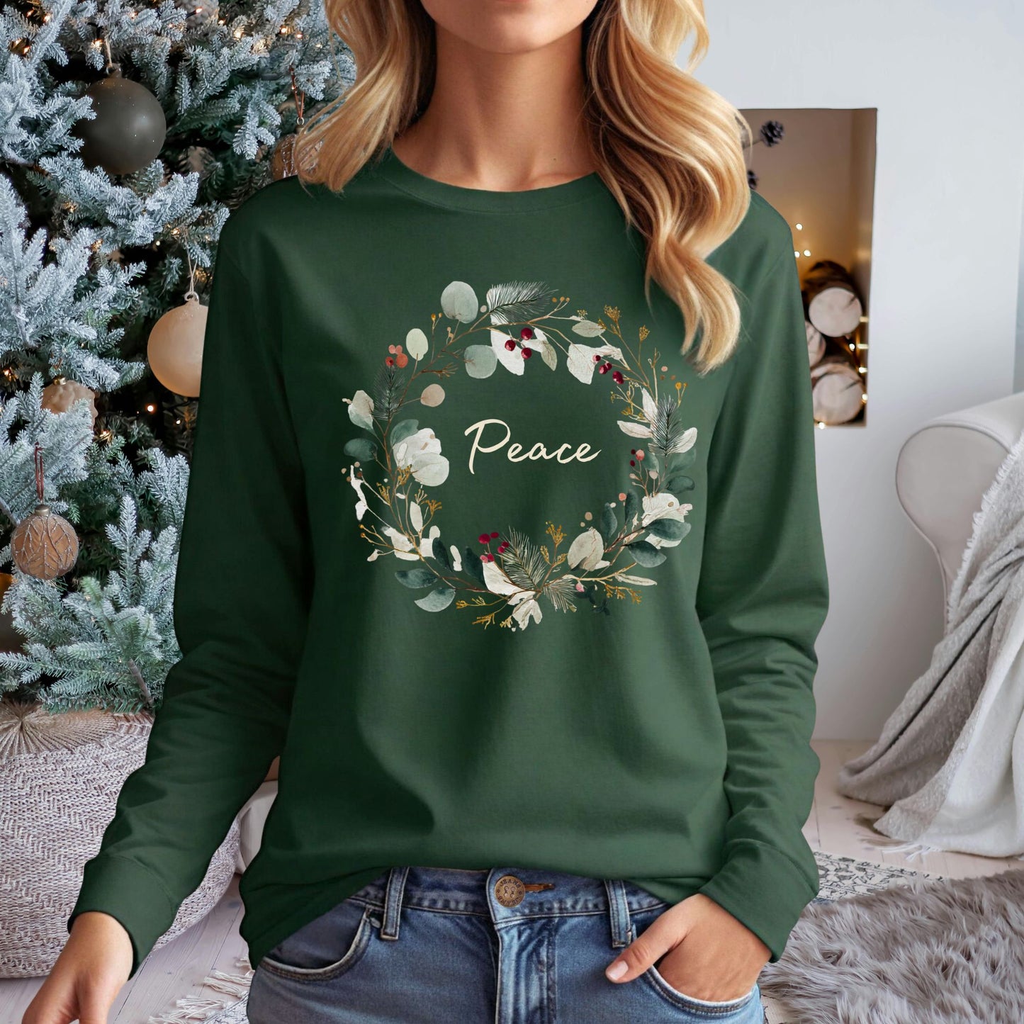 Peace Christmas Wreath Long Sleeve Tee