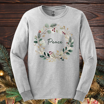 Ash gray long sleeve tee with a watercolor "Peace" Christmas wreath design.