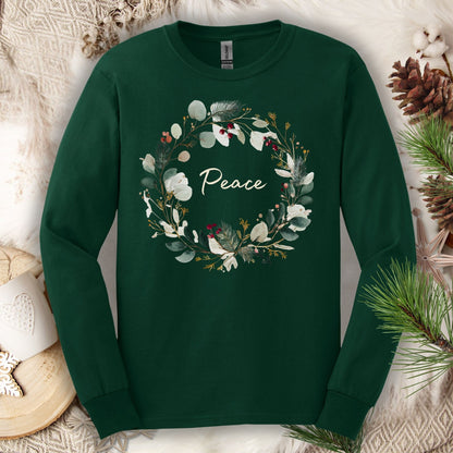 Forest Green long sleeve tee with a watercolor "Peace" Christmas wreath design.