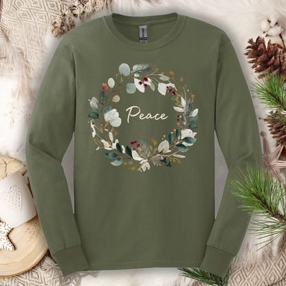 Military Green long sleeve tee with a watercolor "Peace" Christmas wreath design.
