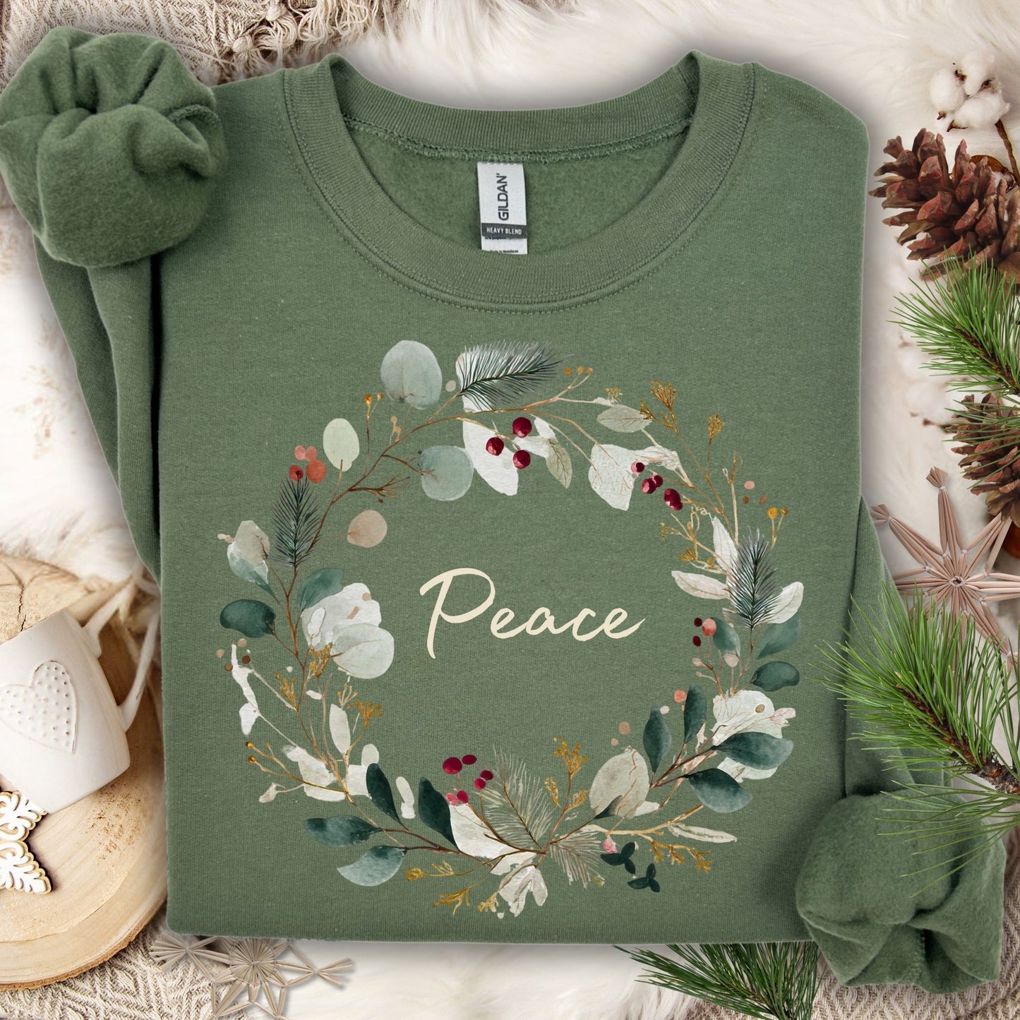 Military Green Peace Christmas Wreath Sweatshirt, watercolor design with cream, gold, green, red berries.