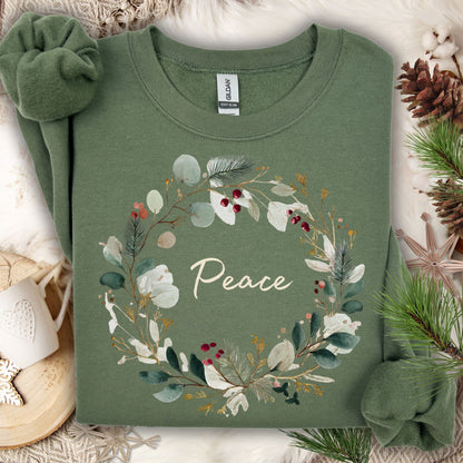 Military Green Peace Christmas Wreath Sweatshirt, watercolor design with cream, gold, green, red berries.