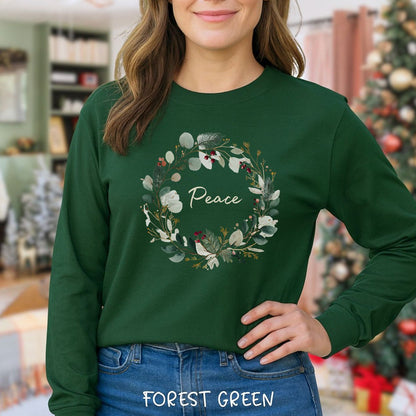 Peace Floral Christmas Wreath Long Sleeve Tee
