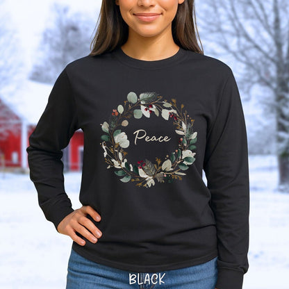 Peace Floral Christmas Wreath Long Sleeve Tee