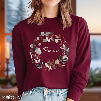 Peace Floral Christmas Wreath Long Sleeve Tee