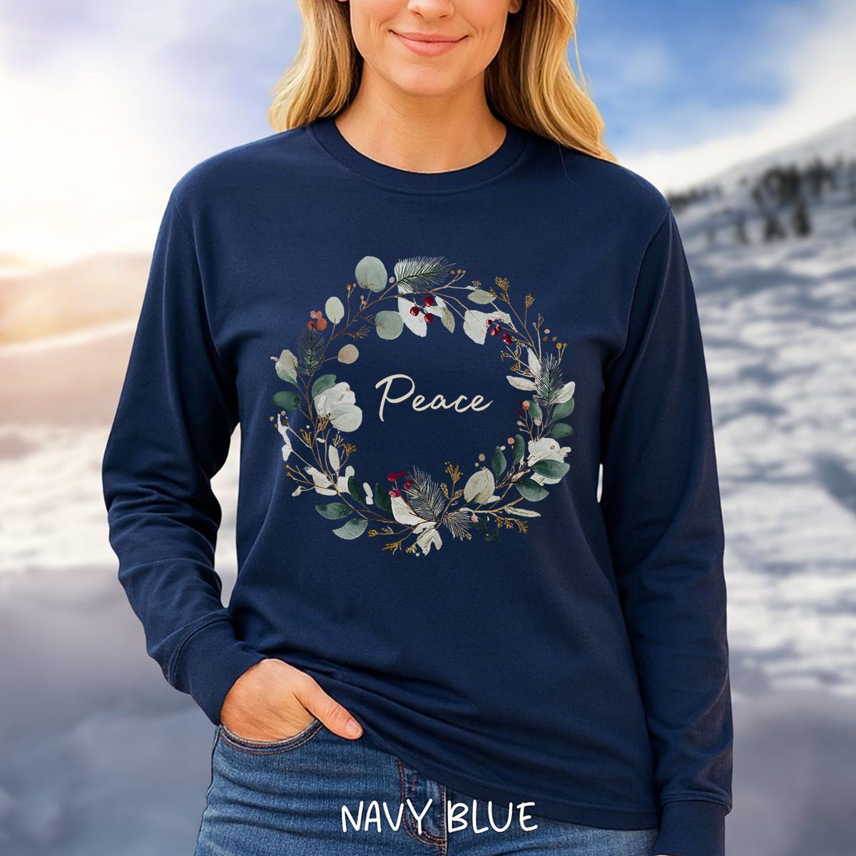 Peace Floral Christmas Wreath Long Sleeve Tee
