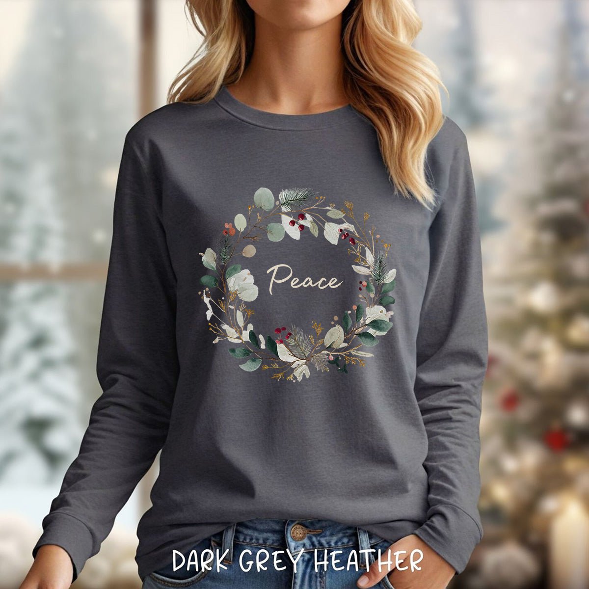 Peace Floral Christmas Wreath Long Sleeve Tee