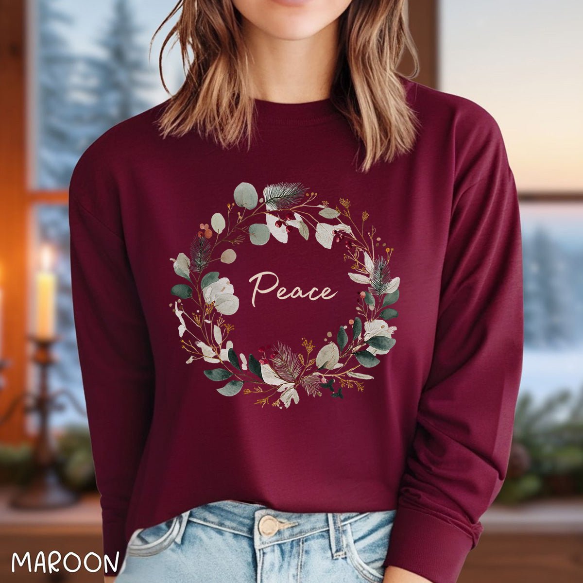 Peace Floral Christmas Wreath Long Sleeve Tee