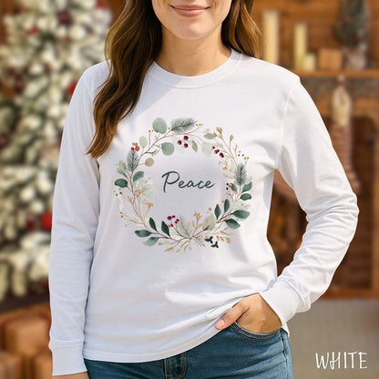 Peace Floral Christmas Wreath Long Sleeve Tee