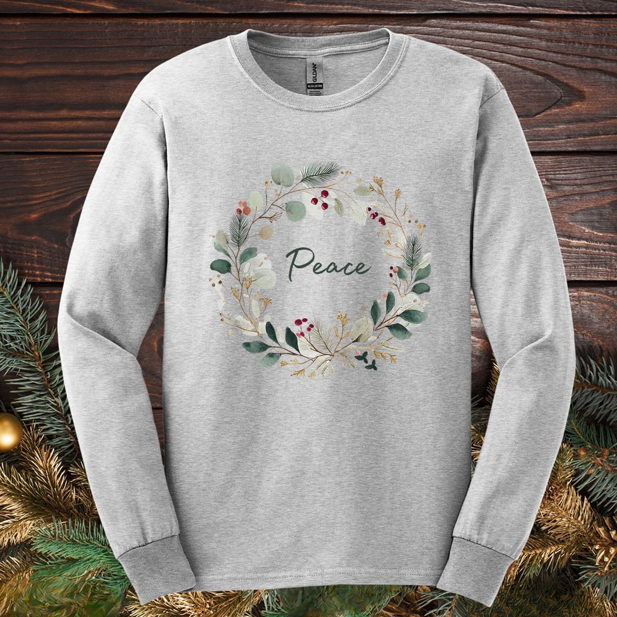 Peace Floral Christmas Wreath Long Sleeve Tee