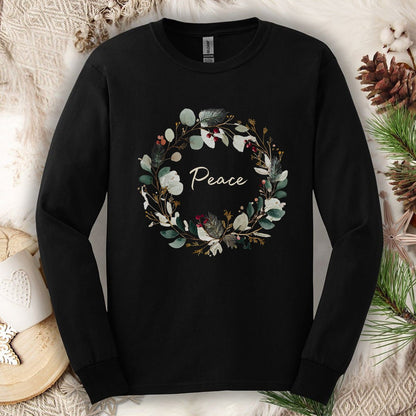 Peace Floral Christmas Wreath Long Sleeve Tee
