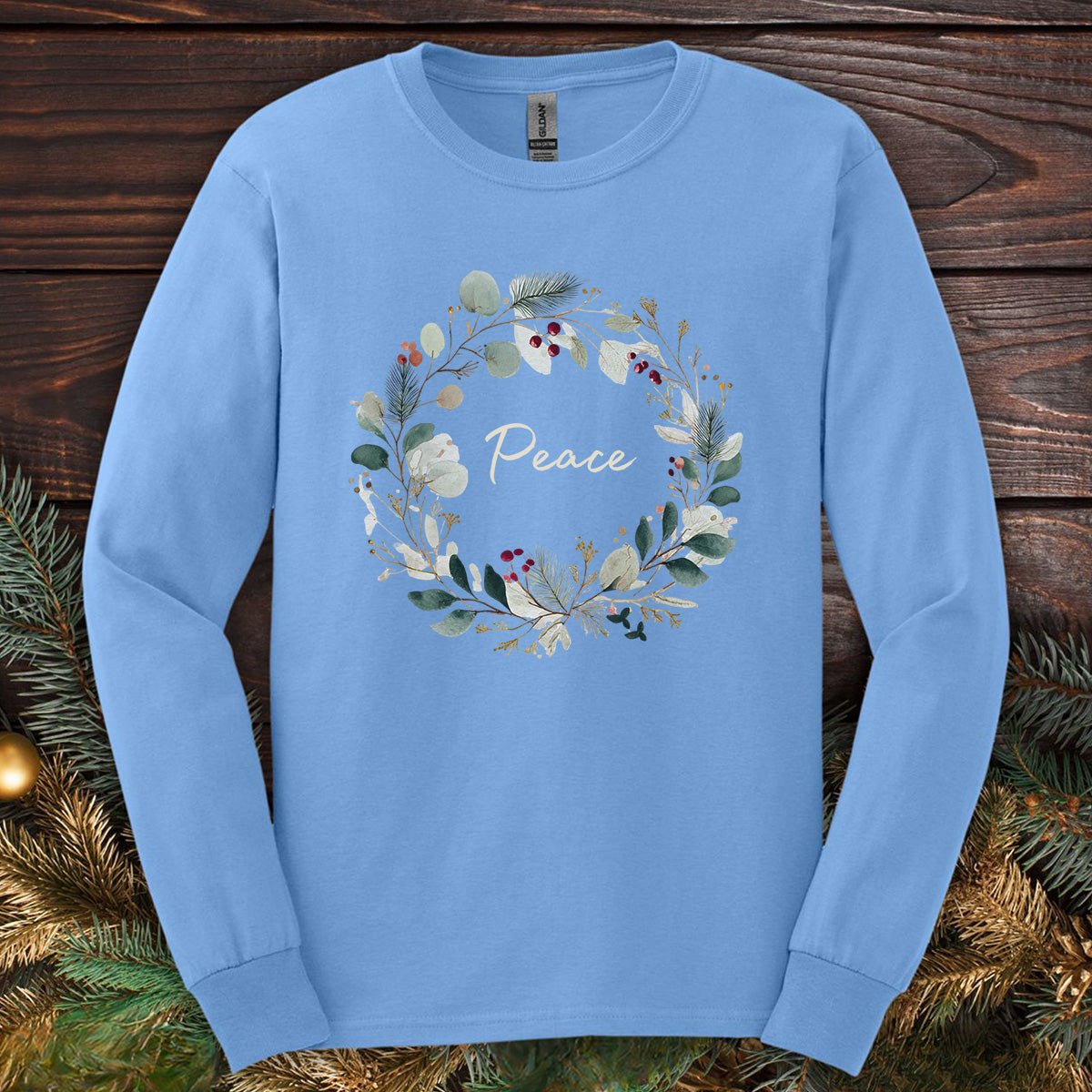 Peace Floral Christmas Wreath Long Sleeve Tee