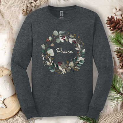 Peace Floral Christmas Wreath Long Sleeve Tee